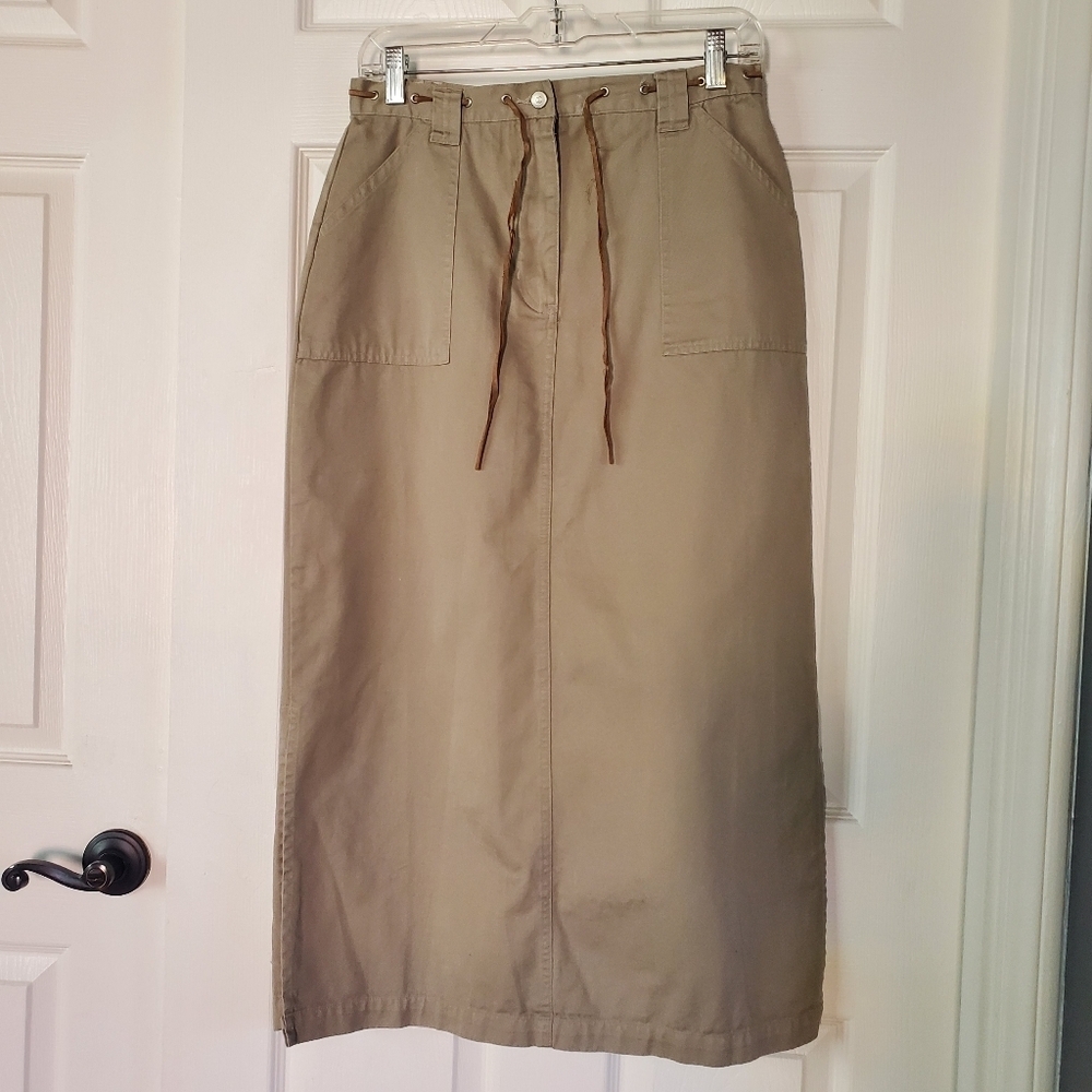 Vintage Original TY Wear A-line Denim Long Skirt Khaki Tan Pockets Preppy Sz 10P